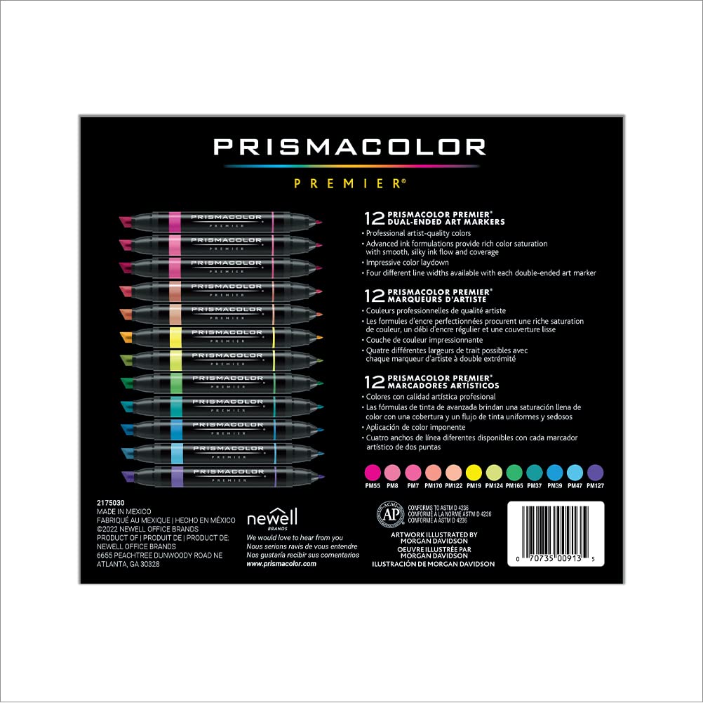 Prismacolor Premier Dual-Ended Art Markers Chisel Tip and Fine Tip Hyper Bright Colors Adult Coloring 12 Count