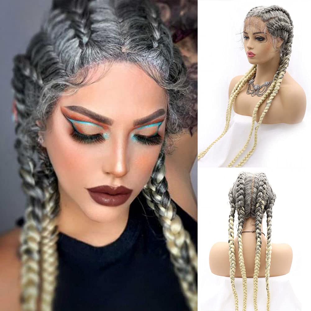 AFbeauty Lace Front Braided Wig Handmade Silver Platinum Blonde Braids Wig Box Braid Wigs 30 inches Synthetic Lace Front Braiding Hair for Women