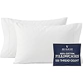 Beckham Hotel Collection 100% Cotton Pillow Cases Standard/Queen Size Set of 2, 500TC, Luxury Sateen Pillowcases, Open End, Breathable, Moisture-Wicking, White