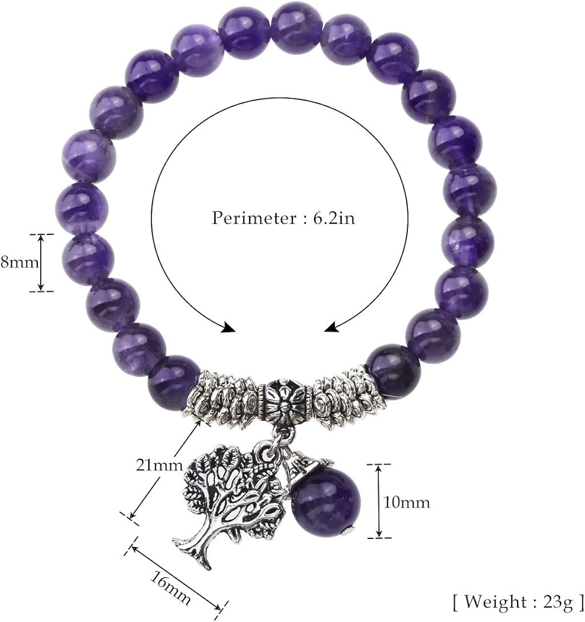 Jovivi 8MM Purple Amethyst Natural Gemstone Healing Point Tree of Life Lucky Charm Stretch Bracelet: Jewelry
