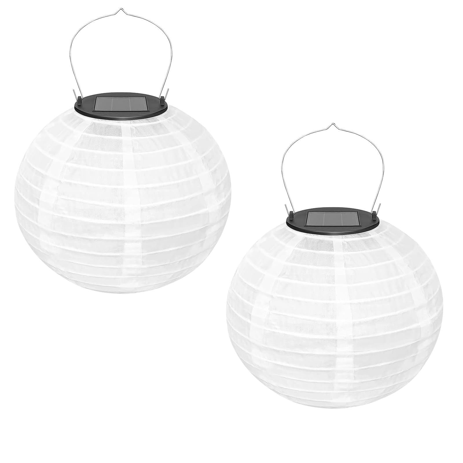 Ledeak 2 Pcs Solar Lantern, Round Ceiling Polyester Light Shade Lantern with Solar Rechargeable LED Lights, 20 cm Chinese Oriental Style Lamp Shade Lantern for Outdoor Garden Festival Decor (White)