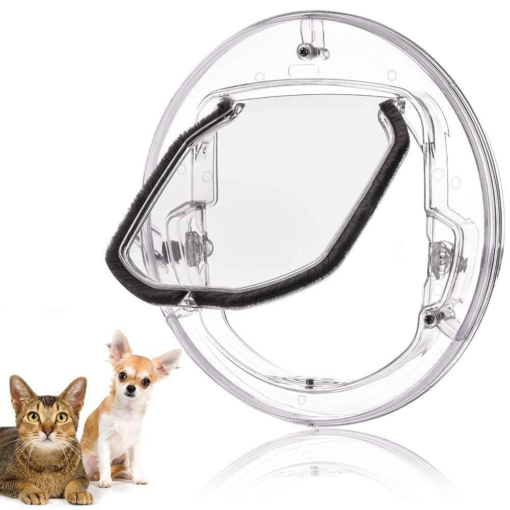Cat Flap Door, Transparent 4 Way Locking Pet Door for Cats Small Dogs, Round Clear Cat Door with 4 Ways Lock & Liner Kit for Sliding Glass Door, Glass Window, Screen Window