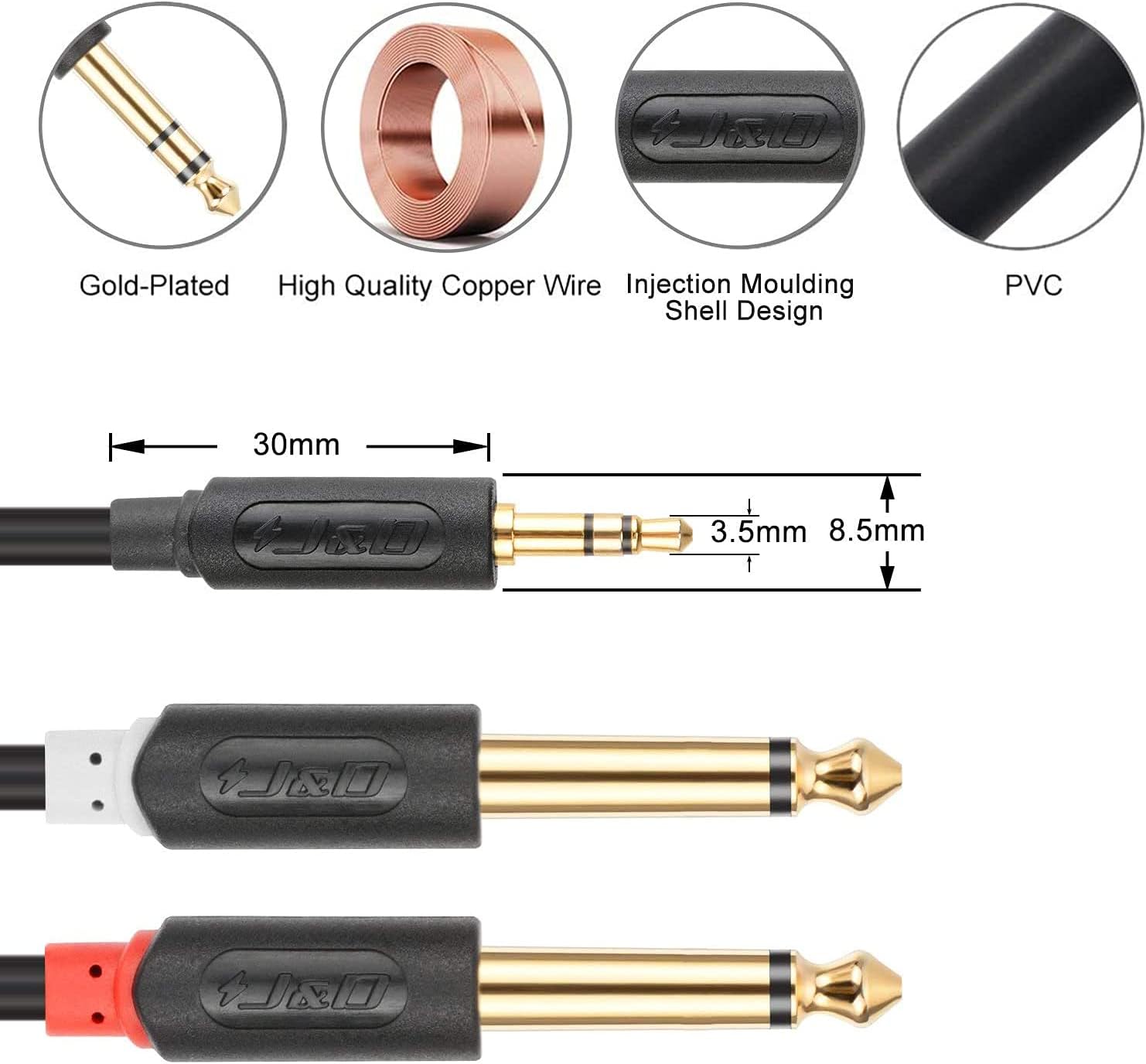 J&D 3.5mm 1/8 inch TRS Male to Dual 6.35mm 1/4 inch TS Male Mono Stereo Y-Cable Splitter with Gold Plated Audiowave Series for Amplifiers Mixer - Image 4