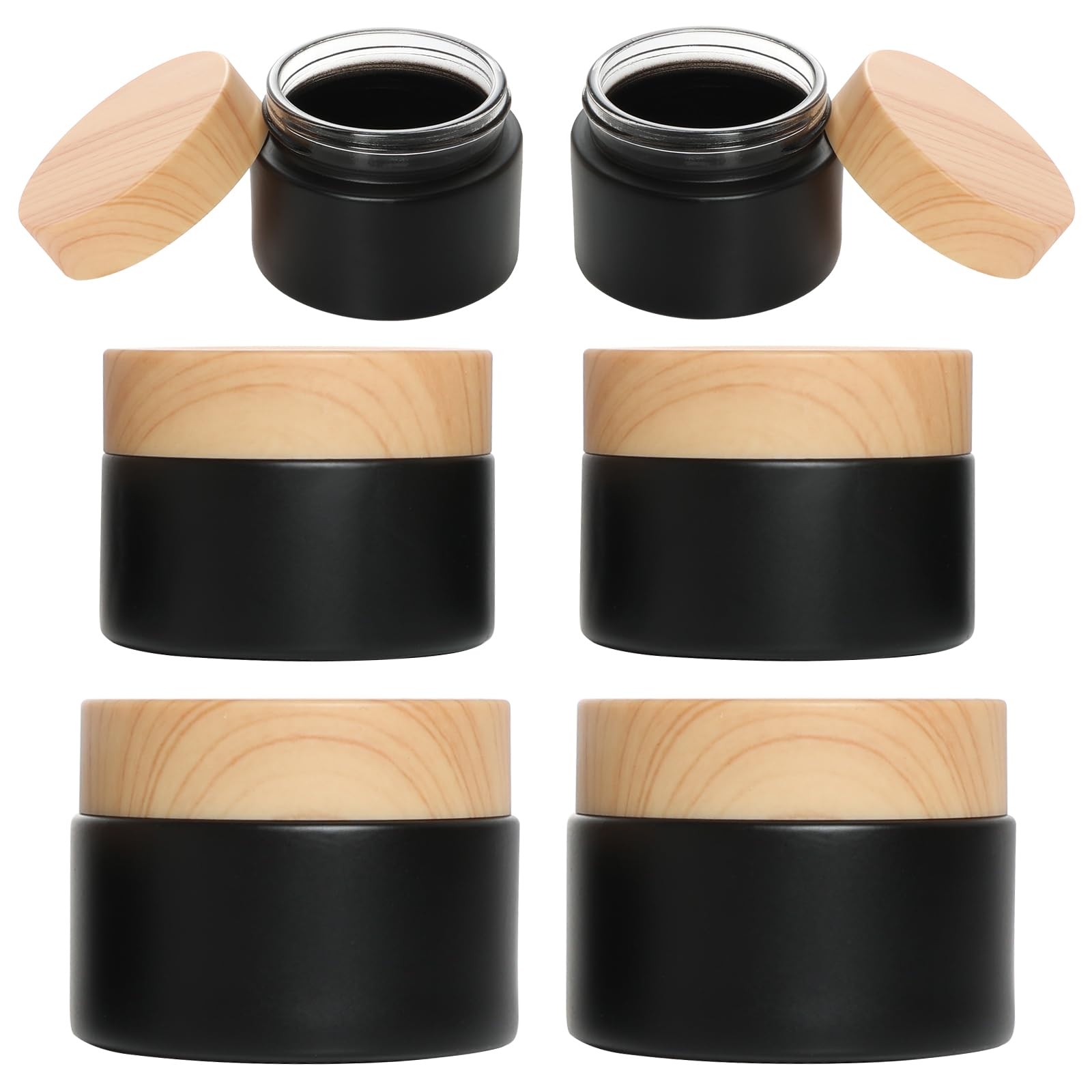 Photo 1 of Miayon 6Pcs Glass Cosmetic Container with Wood Grain Lid Refillable Cosmetic Jar Frosted Glass Cream Container with Leak-proof Lid Empty Jars for Makeup,Lotion,Scrub Cream,Travel(Black,15ml,30ml,50ml)