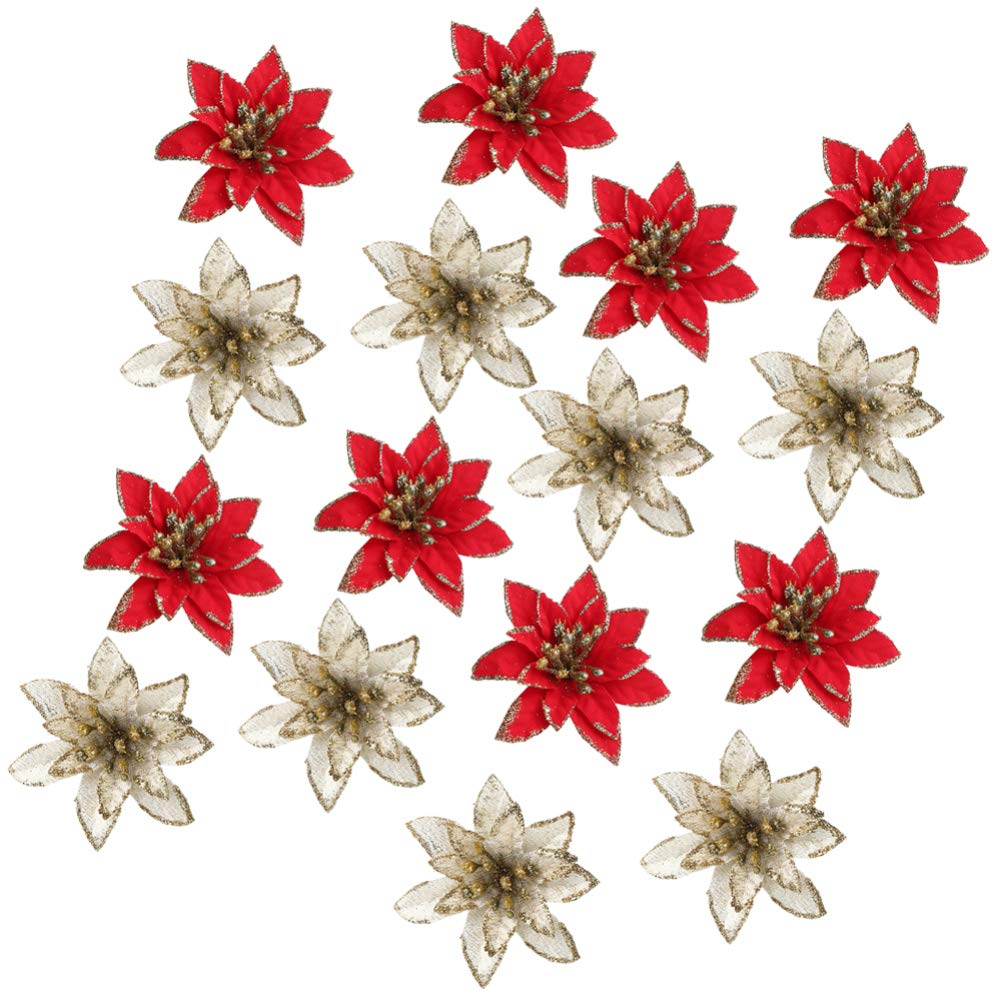 NUOBESTY 24pcs Artificial Christmas Flowers Decorations Red Poinsettia Flowers Picks Gold Glitter Artificial Christmas for Xmas Tree Wreaths Garland Ornaments 8cm