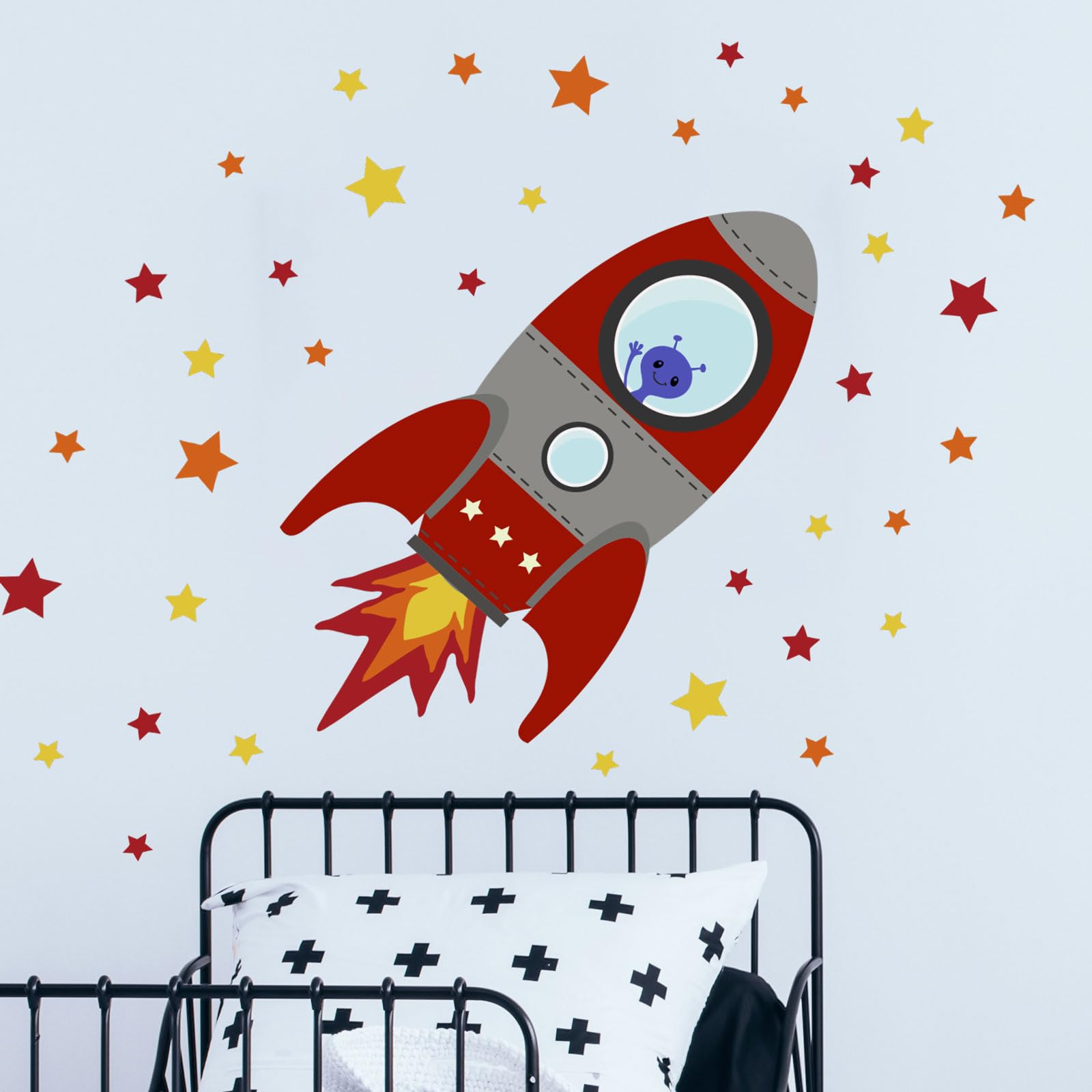 Stickerscape Flying Rocket Wall Sticker (Red - Large) | Nursery Wall Stickers, Space Wall Stickers, Nursery Wall Decor, Rocket Wall Decal | Easy to Apply, Cleanly Removable