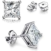 TTVOVO 925 Sterling Silver Stud Earrings Princess Cut Cubic Zirconia Sparkling Simulated CZ Diamond Earrings for Women Men Square 4 Prong Ear Studs Piercing Earrings Hypoallergenic Jewelry Gifts, 5MM