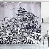 Ambesonne Nautical Shower Curtain, Kraken Octopus Tentacles with Ship Sail Old Boat in Ocean Waves, Cloth Fabric Bathroom Decor Set with Hooks, 70" Long, Blue