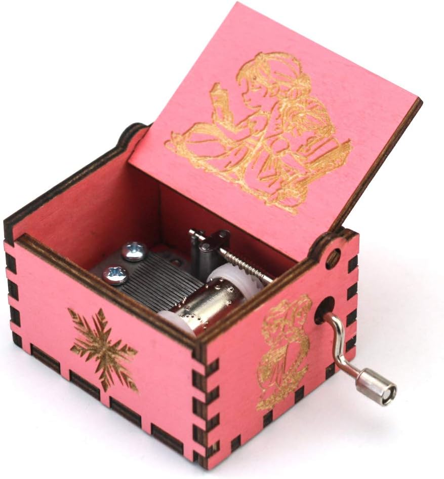 Tiny Music Box Hand Crank Carved Wooden Musical Box,Musical Gift,Play Let it Go,Pink
