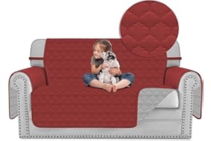 KOZY HOME KH Couch Cover, Reversible Quilted Washable Moroccan Styled Slipcover, Durable Tear Stain & Water Resistant Furniture Protector with Foam Sticks & Elastic Straps for Dogs Pets Loveseat Burgundy/White