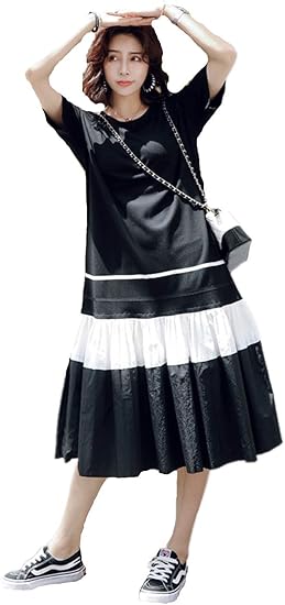 Amazon プリーツ ワンピース レディース ゆったり Aライン 綿 ワンピ エレガント おしゃれロング ワンピース 春夏 Tシャツワンピース ブラック ホワイト ワンピース チュニック 通販