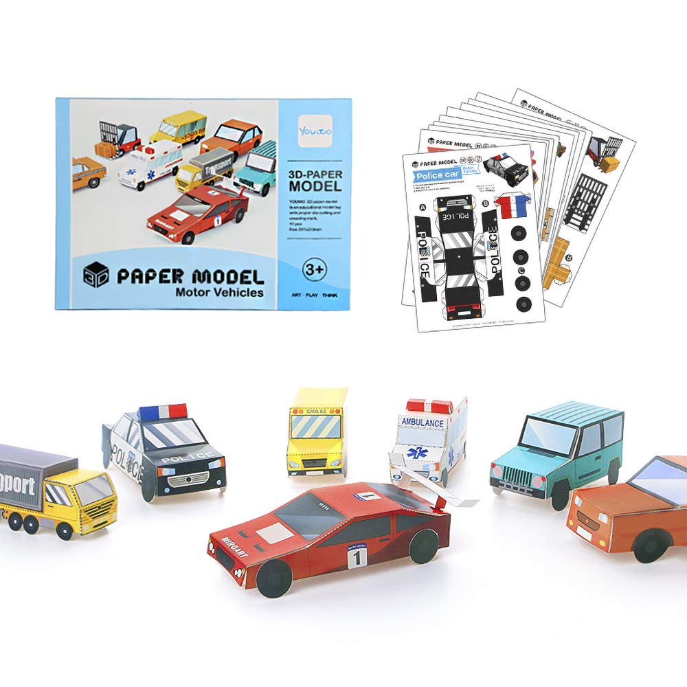 Youwo Car Origami Craft Folded Paper Toy Kit 3d Paper Model Fold Your Own Vehicletrucks Police Cars Ambulances And Buses