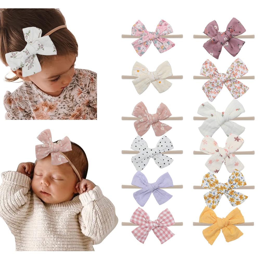 Baby Girls Floral Hair Bow Headbands 12 PCS, Flower Bow Stretchy Elastic Hairband for Newborn Infant Toddlers (pink NB 12 pcs)