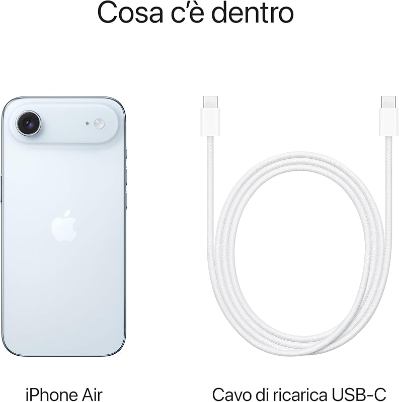 iPhone Air 1 TB: l’iPhone più sottile di sempre, display 6,5" con ProMotion fino a 120Hz, potente chip A19 Pro, fotocamera frontale Center Stage, un giorno intero di batteria, eSim; Celeste