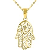 Jewelry America Solid 14K Yellow Gold Filigree Hamsa Hand of Fatima with Evil Eye Pendant Necklace