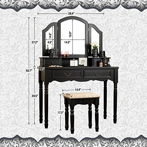 Fineboard FB-VT06-BKV Elegant Vanity Set Makeup Dressing Table with 3 Mirrors and Stool, 4 Drawers, Black