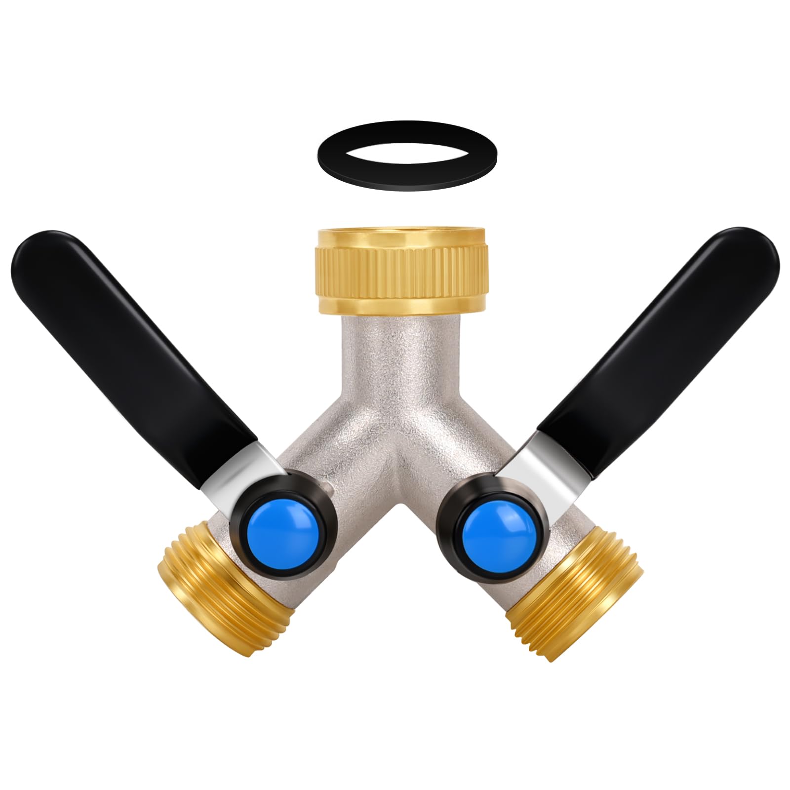 OPERMAXER 2-way Y distributor made of brass [normal flow], 3/4 inch water connection, water distributor with 2 separate shut-off valves, extended handle made of 304 stainless steel, for connecting two