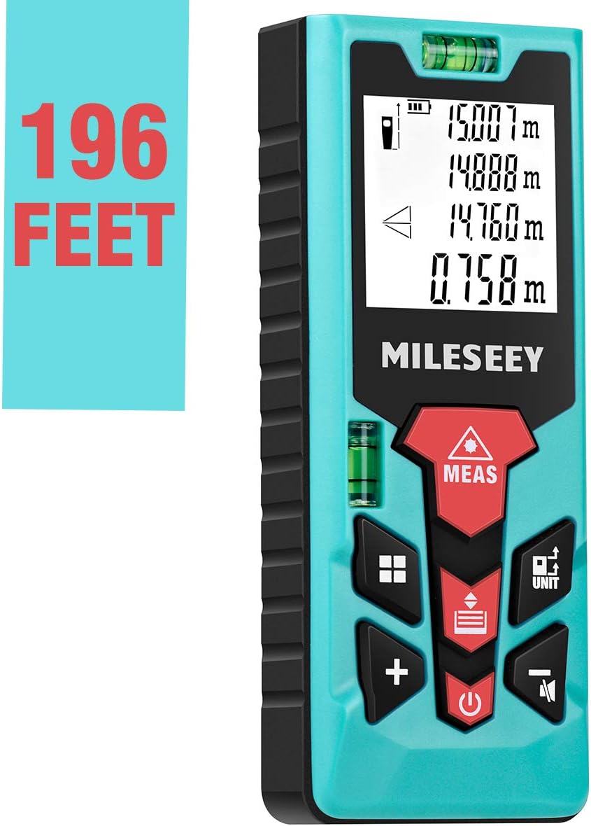 MiLESEEY Laser Measure (S2)196ft M/Ft/in Digital Distance Meter Backlit LCD wtih Mute Function, Measure Distance, Area and Volume, Pythagorean Mode Laser Measuring Device with 2 Bubble Level