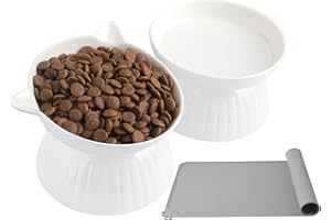 DDMOMMY 2Pcs Wide Raised Cat Food Bowls & Silicone Feeding Mat Set, Anti Vomiting Raised Cat Food Dish, Ceramic Cat Feeding Bowls,Whisker Fatigue, Lead & Cadmium Free,with Plastic Base for Indoor Cats-White