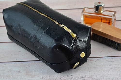 black leather toiletry bag