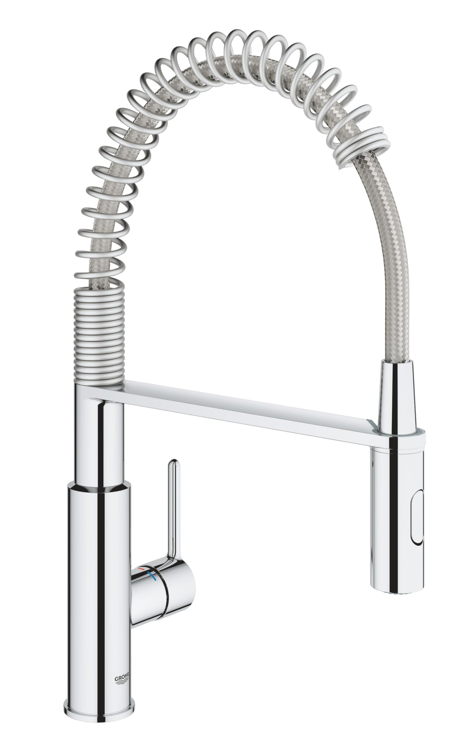 GROHE Get - Kitchen Sink Tap Single-Lever Mixer with Professional Spray (1-Hole Installation, 28 mm Ceramic Cartridge, Swivel Spout 360°, Inlet Tails 3/8 Inch), Size 455 mm, Chrome, 30361000