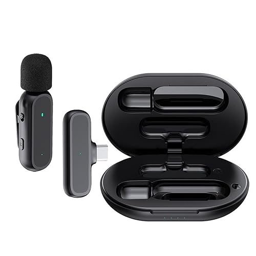 summina Wireless Clip-on Microphone Mic Receiver and Transmitter with Charging Box and Windscreen for Interview Live Show Vlog Teaching Meeting