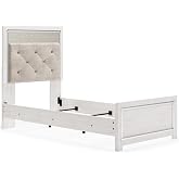 Signature Design by Ashley Girls Twin Bed Frame with LED Lights | Gray tufted headboard with LED lights for youth bedrooms, Engineered wood frame with a light pearl finish, Altyra Series