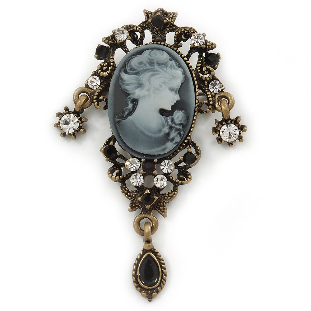 Vintage Inspired Classic Cameo with Charms Brooch In Bronze Tone - 60mm Across