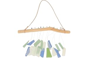 ITEFDTUTNE Wind Chimes for Outside, Blue Handworks Sea Glass and Driftwood Chime with Gentle Clear Tone for Covered Garden or