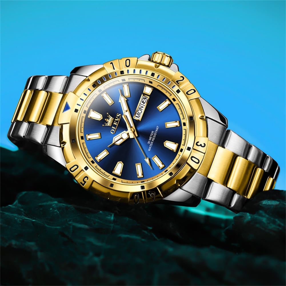 OLEVS Blue Watches for Men Dress Gold Big Face Mens Watches Classic Waterproof Analog Quartz Mens Wrist Watch Fashion Stainless Steel Date Date Luxury Reloj para Hombre