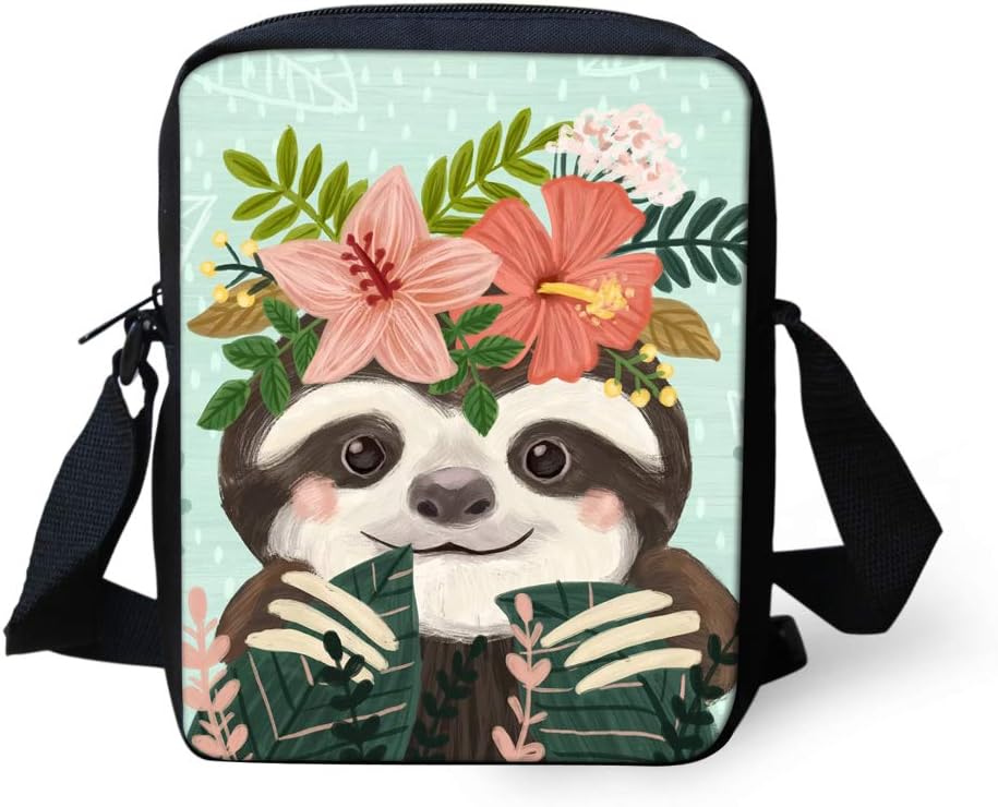 Woisttop Cute Sloth with Flower Crown Small Crossbody Bags Purses for Women Teen Girls Shoulder Handbag Purse for School Travel