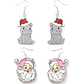 2PC Christmas Earrings For Women Cute Santa Hippo Christmas Earrings Wooden Painted Xmas Holiday Christmas Jewelry (Color-Santa Hippo)