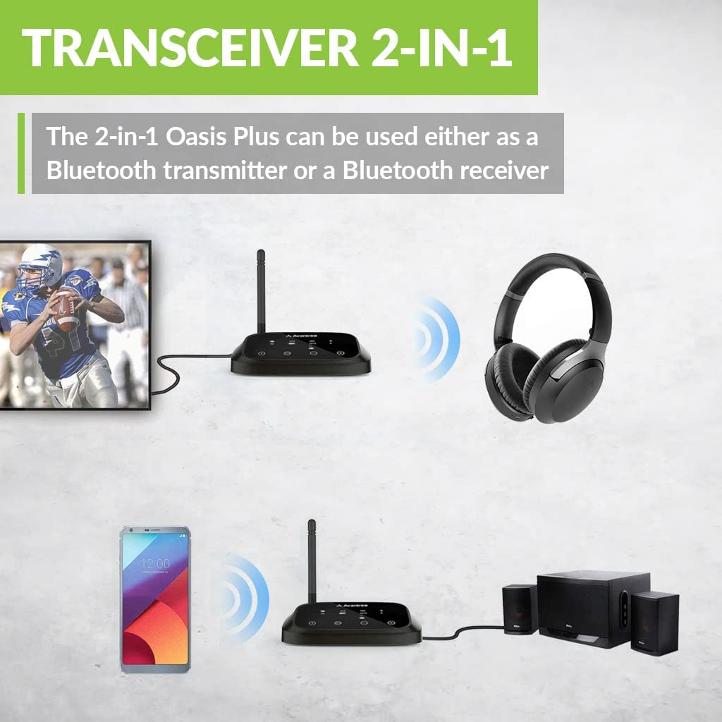 Avantree Oasis Plus & Aria Me: aptX Low Latency & HD Bluetooth Transmitter for TV & Wireless Headphones Personalized Sound w/App, Noise Cancelling, Charging Stand, aptX HD Low Latency