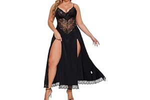 Alrovetoney Plus Size Lingerie for Women Babydoll Sexy Mesh Maxi Nightdress Exotic Sleepwear Side Slits