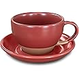 Mora Ceramic Latte Art Mug With Saucer - 10.5 oz, Round Bottom For Perfect Pours - Cafe Cups for Cappuccino, Espresso, Coffee, Tea etc - Porcelain Set for Baristas, Great Gift - Crimson Red