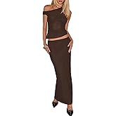 ZREQV Women's Summer Mesh 2 Piece Maxi Skirt Sets Sexy One Shoulder Tops Bodycon Going Out Vacation Two Piece Outfits