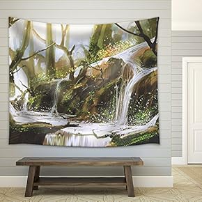 Waterfall in Forest,Illustration Painting - Fabric Wall Tapestry Home Decor - 51x60 inches