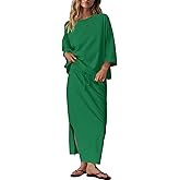 LAMISSCHE Skirt Sets Women 2 Piece Outfits Casual Lounge Set Back Vented Tops and Maxi Dress with Pockets