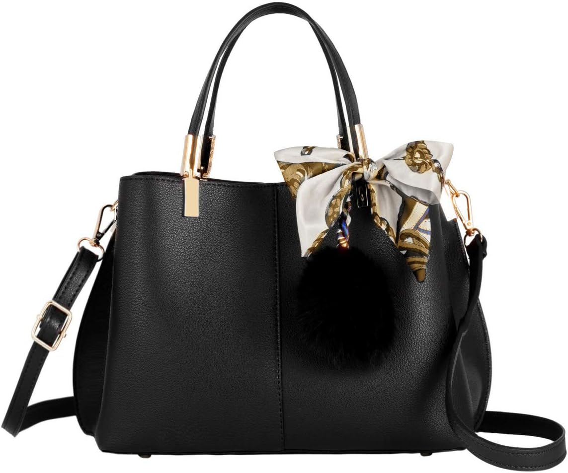 CRAZYCHIC - Women's Handbag with Scarf Pompom - Elegant Tote Shoulder Crossbody Bag PU Leather - Multiple Compartments Ladies Shopper - Fashion City Top-Handle Bag Casual Work Daily - Black