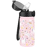 GOPPUS Kids Water Bottle (Straw Lid) - 14 Oz Stainless Steel Travel Bottle, Double Wall Vacuum Leak Proof Kids Cup for School Boys Girls,Unicorn Fields