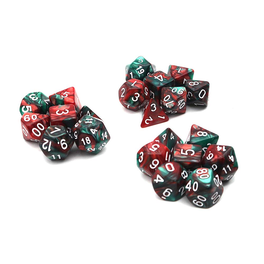DollaTek Polyhedral Dice Set Table Games Dice 3 Sets Dice 3 x 7 (21 Pieces) Die Series D20 D12 D10 D8 D6 D4 DND dice DND RPG MTG Double Colors One Piece (Red and Green)
