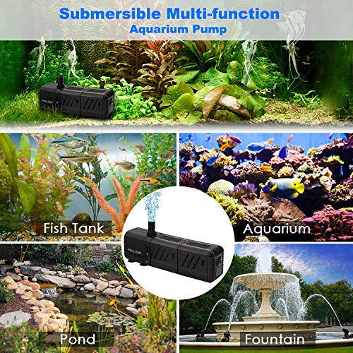 ZEETOON Submersible Water Pump Aquarium Air Pump Fish Tank Filters Aerator Multifunction Quiet Adjustable, 3.2ft High Lift 210 GPH (800L/H 8W) with 2 Nozzle 1 Boost Oxygen Hose 2 Artificial Plants - Thumbnail 4