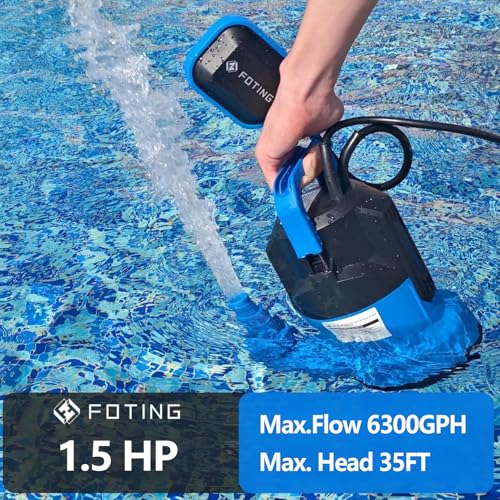 FOTING Sump Pump, High Flow Submersible Water Pump with Float Switch, Automatic Clean/Dirty Utility Pump for Basement Puddle Pool Tub Pond Draining, 1.5 HP, 6300GPH