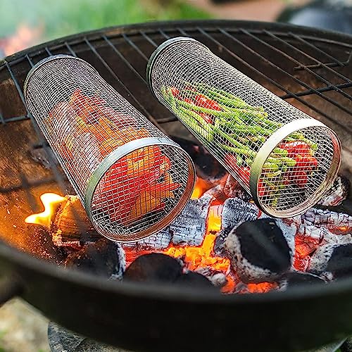 Rolling BBQ Basket Grill Baskets 2 Packs Stainless Steel For Outdoor Grill