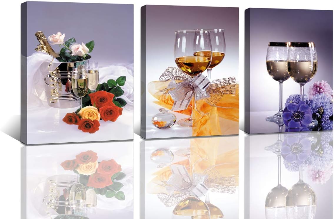 Cao Gen Decor Art-K60734 3 Panels Wall Art Romantic Restaurant Canvas Prints Fashion Rose Champagne Glass Red Wine for Kitchen Decorative Painting Pictures Artwork Wall Decor