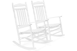 VINGLI 2 PCS Wood Rocking Chair Outdoor with 450 lbs Support, Patio Rocking Chair Set of 2, Solid Wood High Back Seat Reclining Seat for Deck, Garden, Backyard, Porch, Indoor or Outdoor Use, White