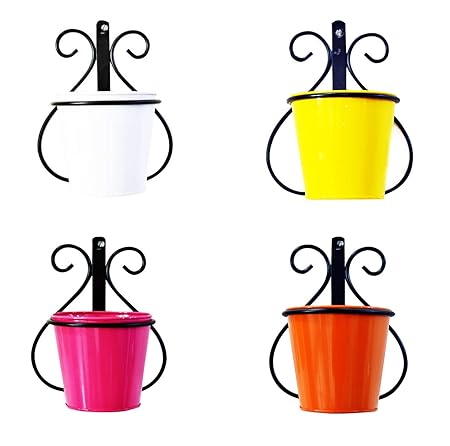 Ascent Homes Metal Wall Mount Planter Stand with Round Galvanized Bucket (Multicolour, Medium) - Set of 4 Pieces