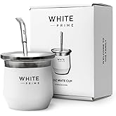 WHITE Prime 8oz Mate Gourd with Detachable Curved Bombilla – Stainless Steel Double Wall Insulated Mate Cup for Yerba Mate | Premium Design