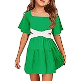 Batermoon Girls Summer Dress Square Neck Short Sleeve Crossover Waist Casual A-line Mini Dress