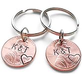 JewelryEveryday Custom Hand Stamped 2 Personalized Penny Keychains, Husband Wife Key Chain, Boyfriend Girlfriend Gift, Customized Couples Keychains